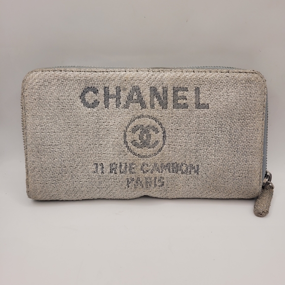 Chanel Tweed Canvas Deauville Zip Around Blue Gray Wallet